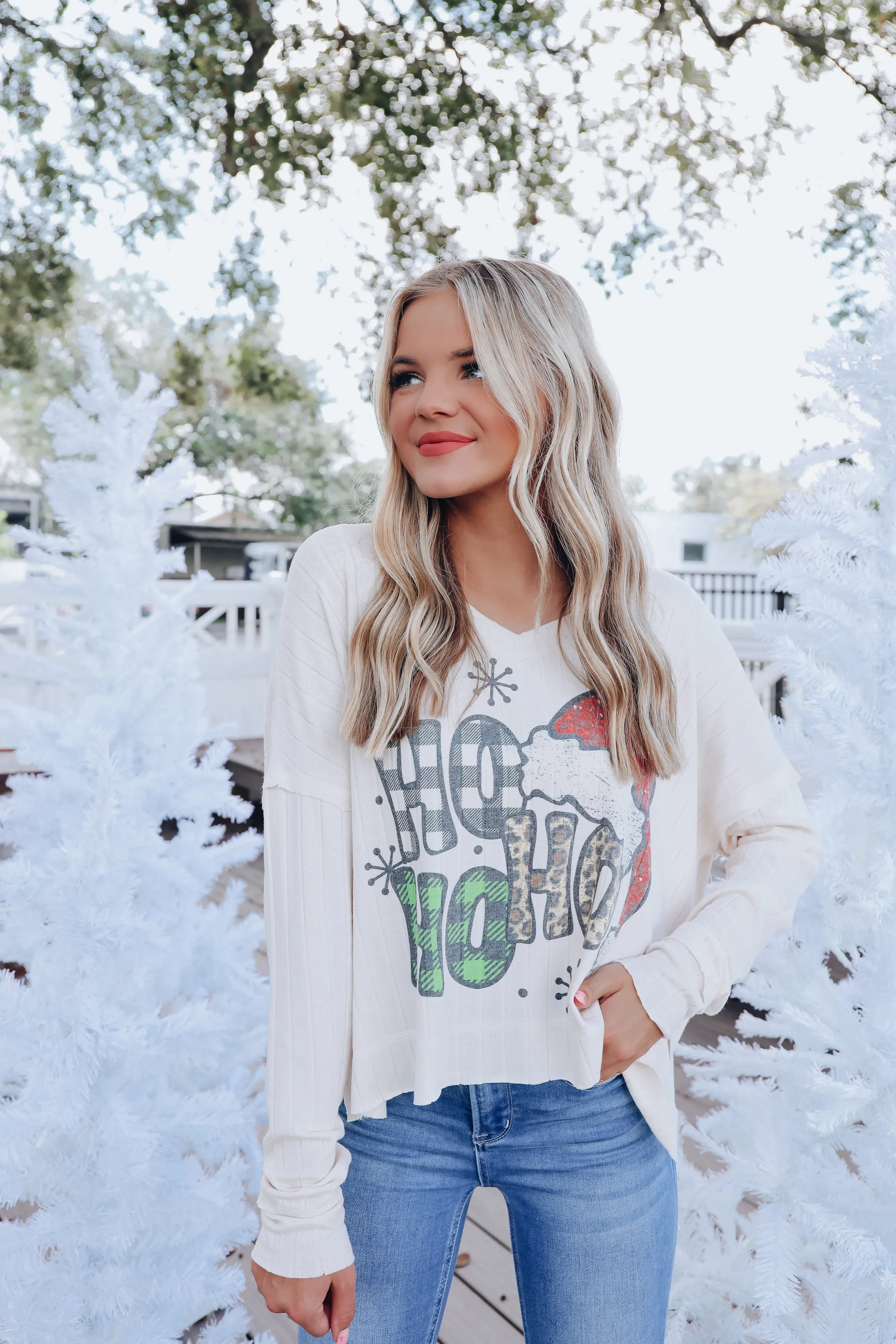 HoHoHo Wide Rib Long Sleeve Top - White