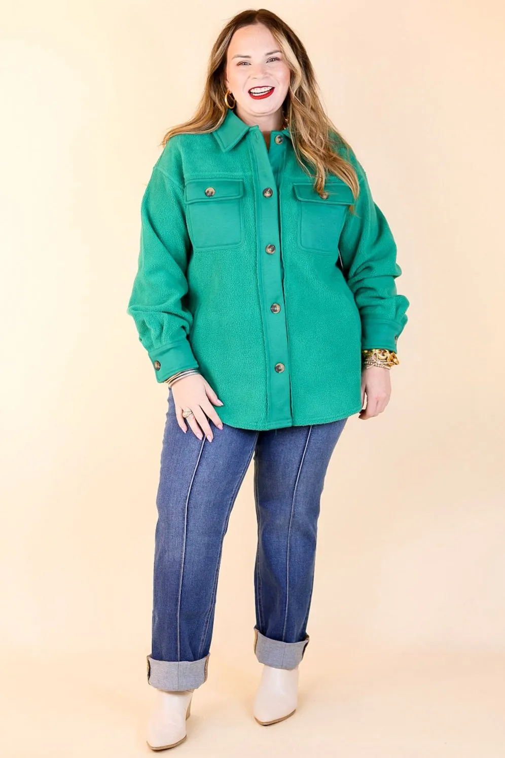 Hollywood Hike Button Up Fleece Jacket with Pockets in Green