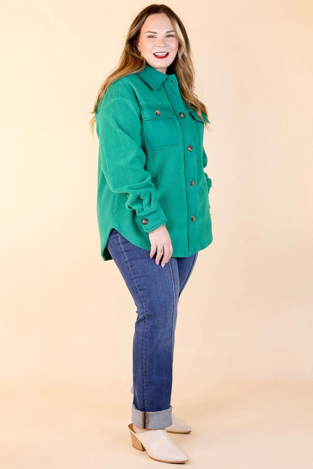 Hollywood Hike Button Up Fleece Jacket with Pockets in Green