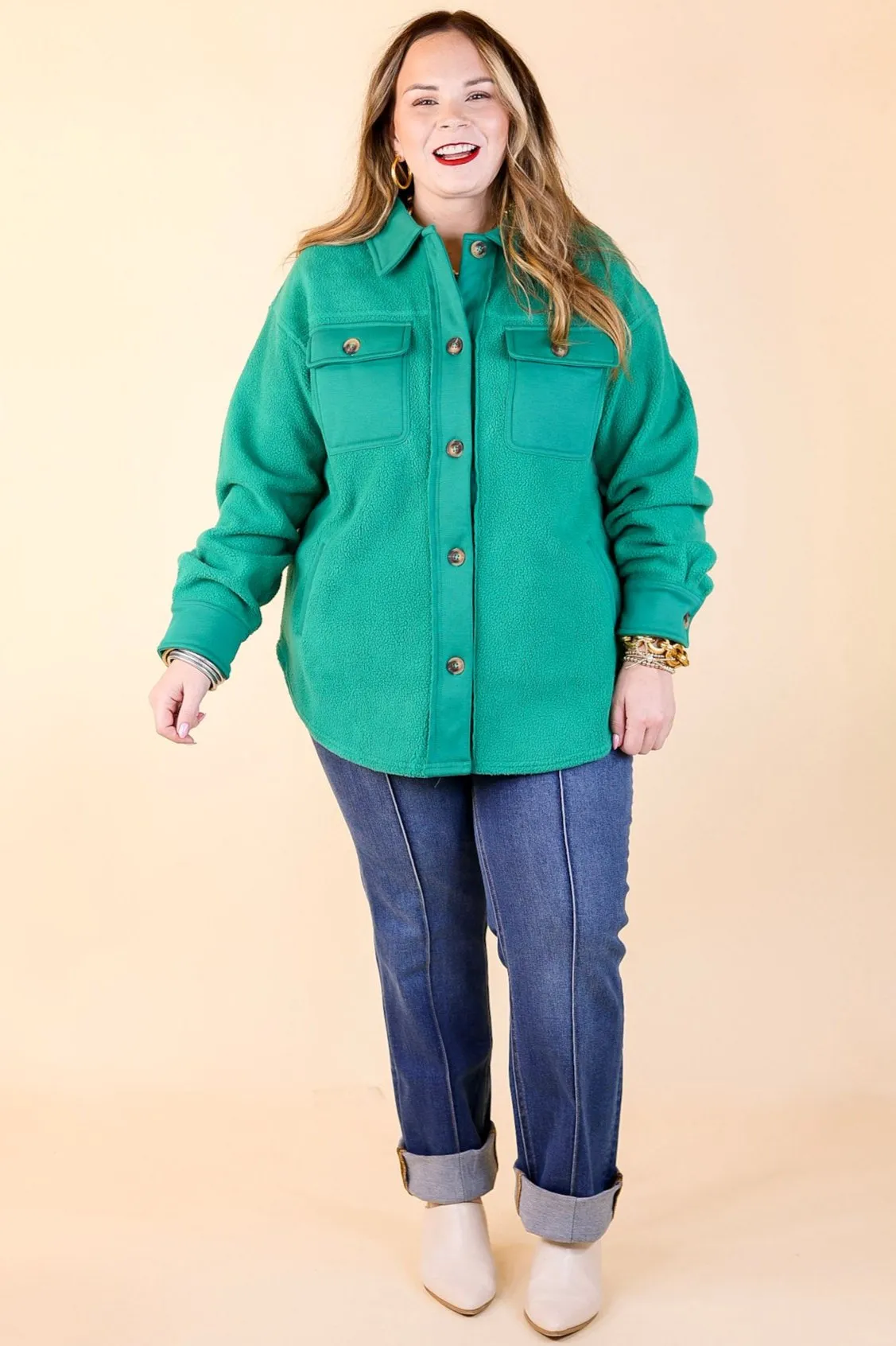 Hollywood Hike Button Up Fleece Jacket with Pockets in Green