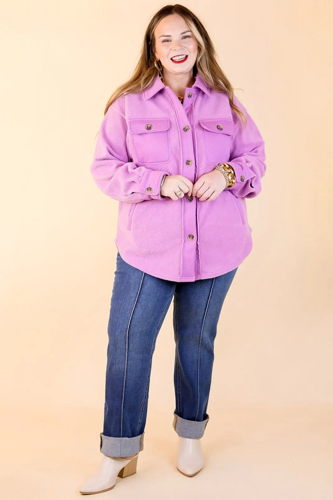 Hollywood Hike Button Up Fleece Jacket with Pockets in Lilac Purple