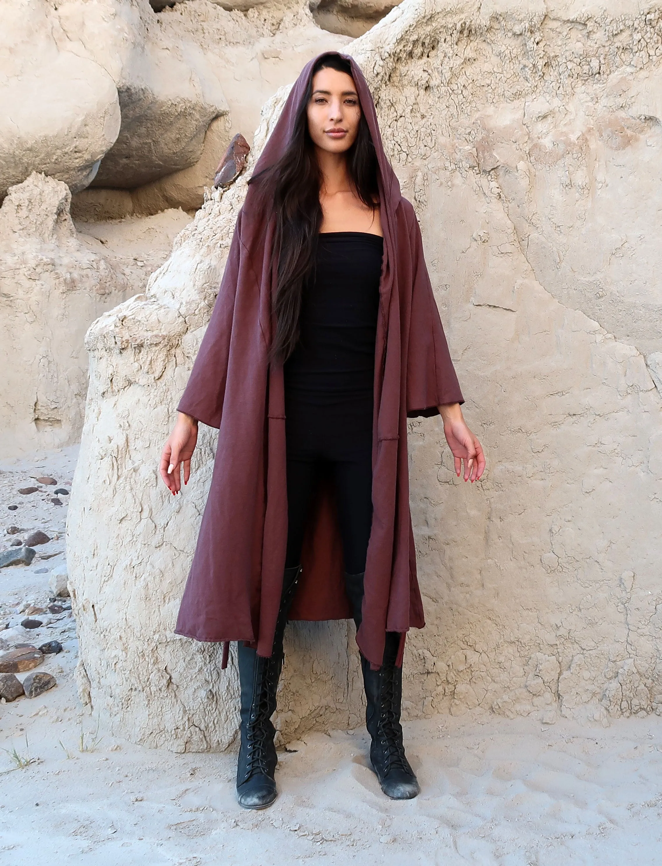 Hooded Kimono Belted Below Knee Jacket