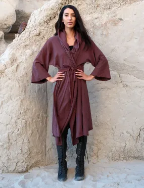 Hooded Kimono Belted Below Knee Jacket