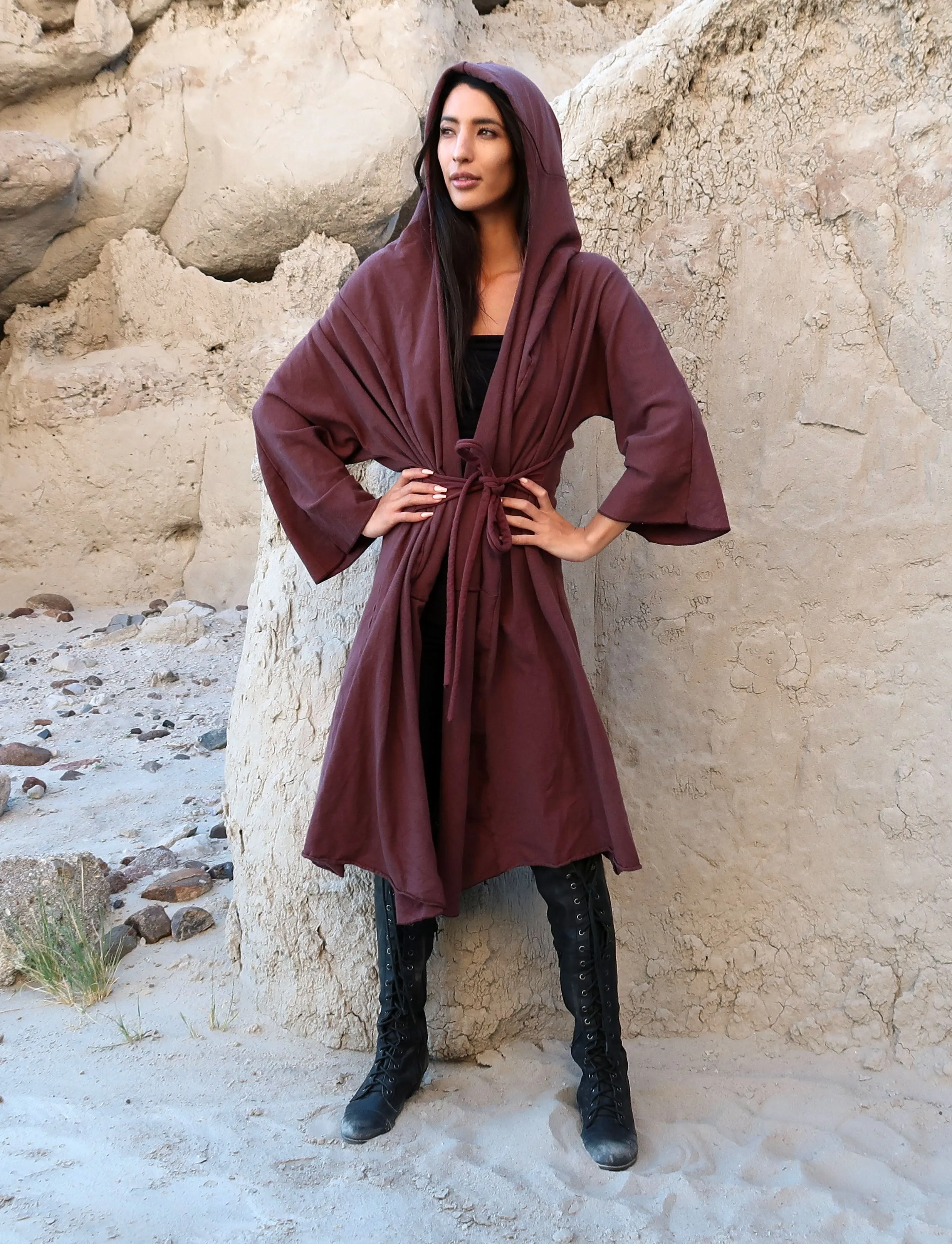 Hooded Kimono Belted Below Knee Jacket