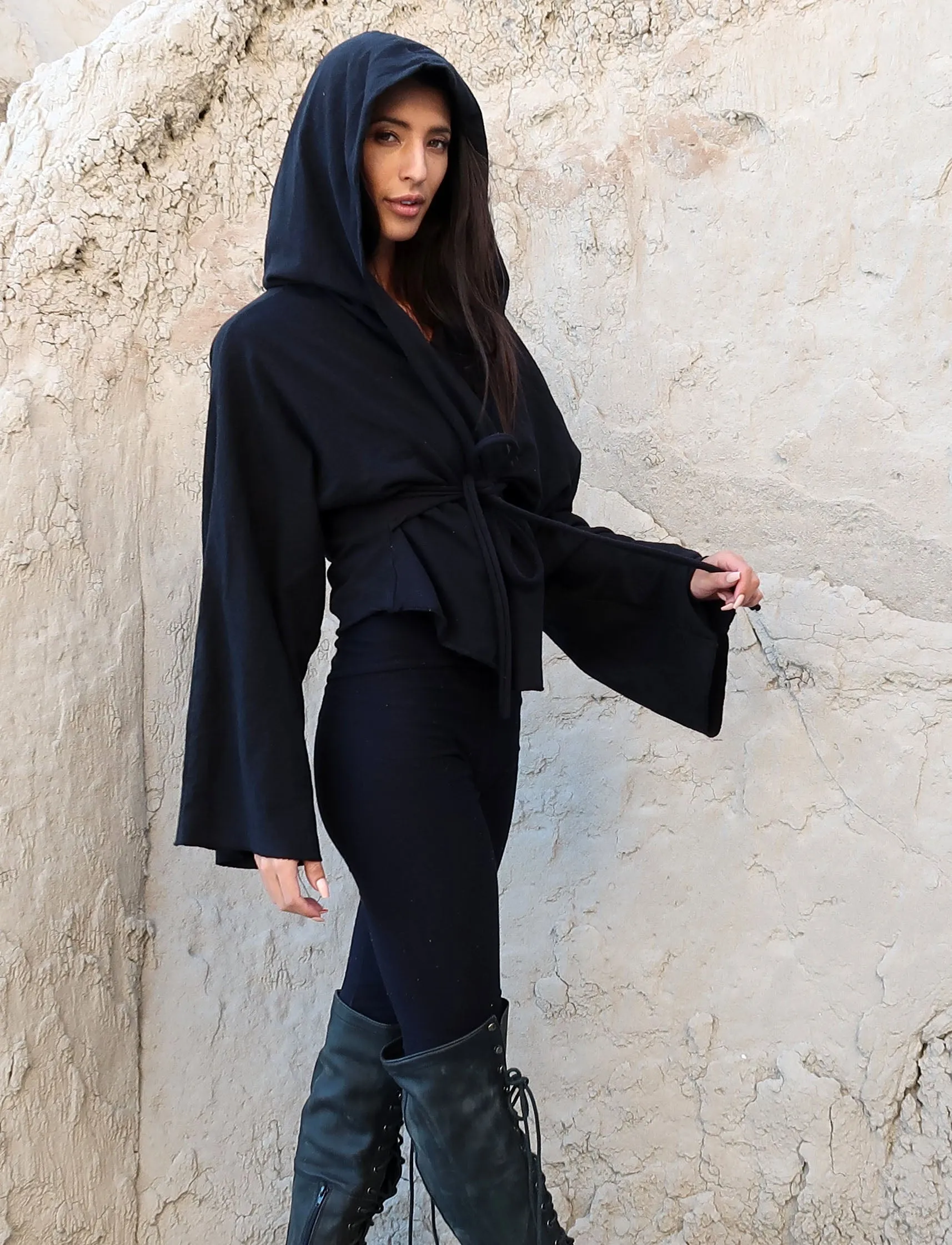 Hooded Kimono Belted  Cropped Jacket