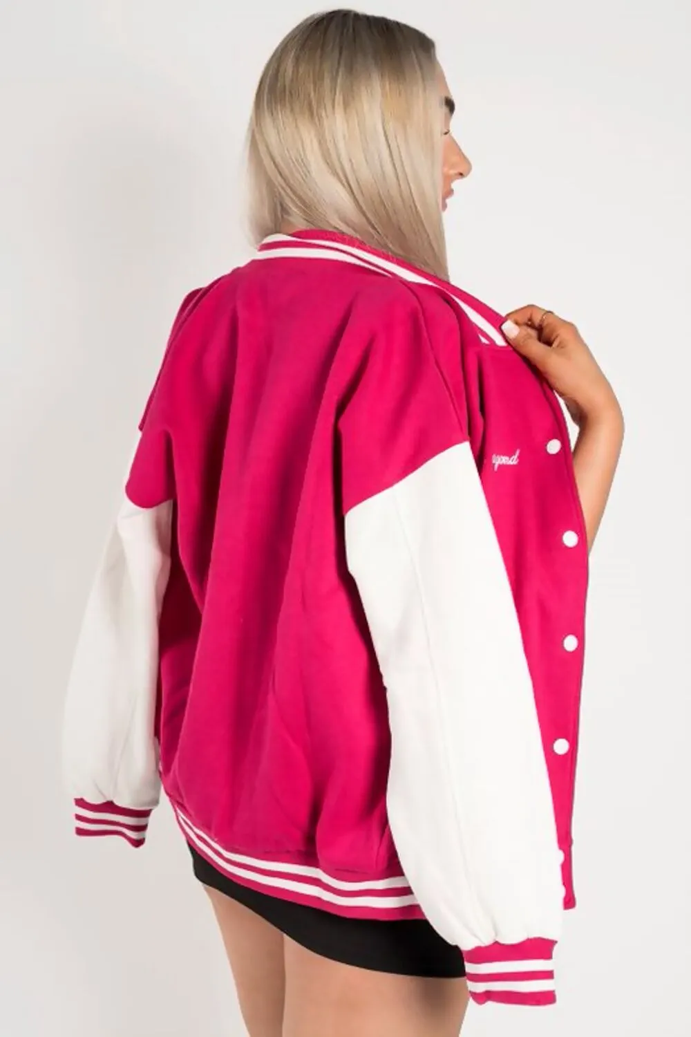 HOT PINK CONTRAST SLEEVE LETTER A UNISEX VARSITY JACKET