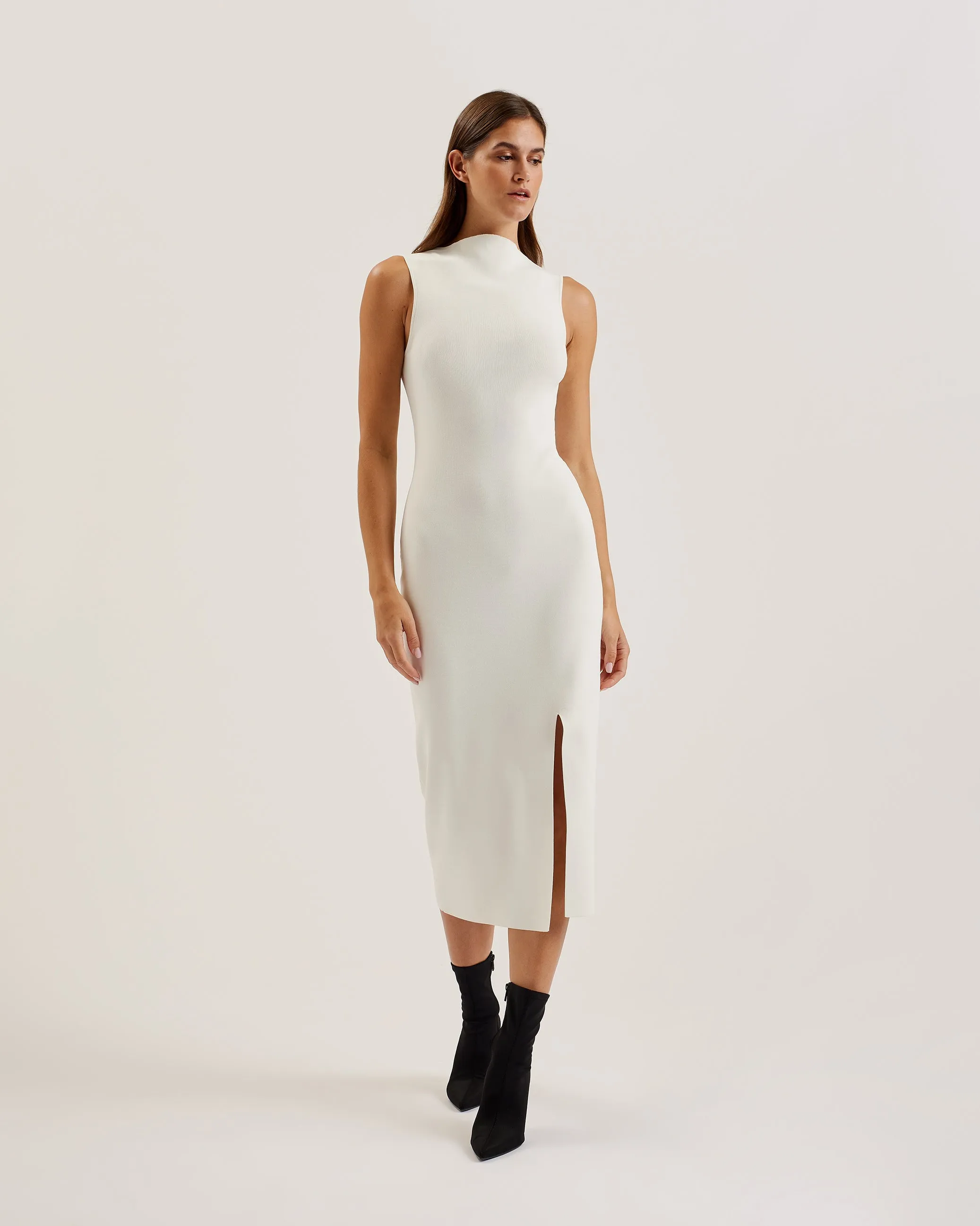 Isbelli Bodycon Knit Dress With Front Split Ivory