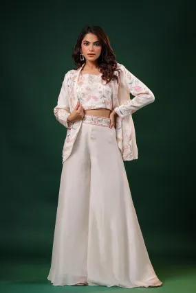 Ivory Embellished Premium Silk Jacket-Palazzo Set