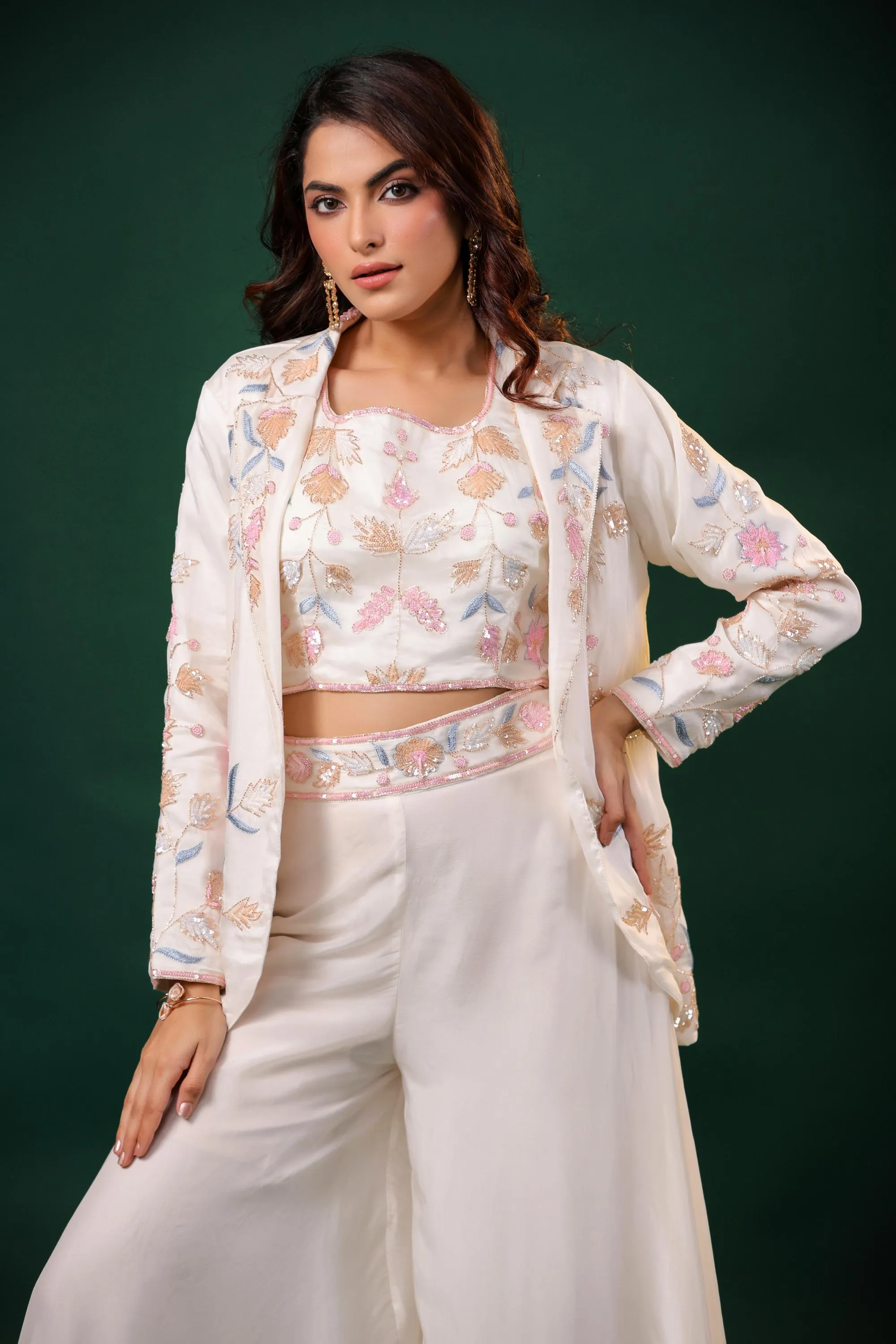 Ivory Embellished Premium Silk Jacket-Palazzo Set