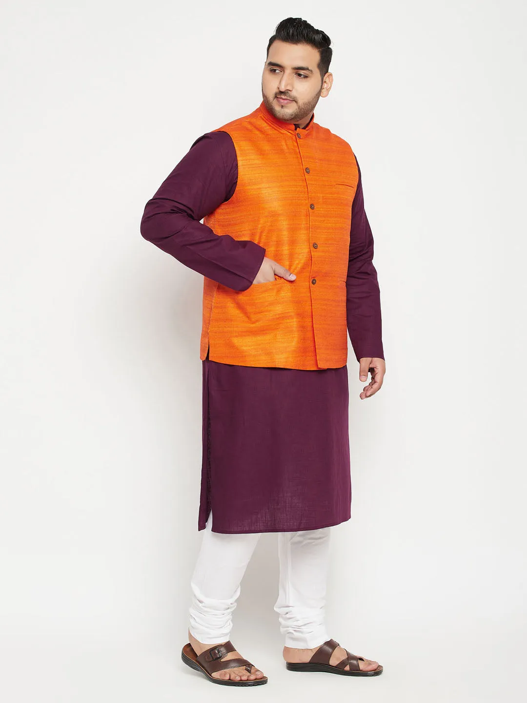 Jashvi Men's Plus Size Purple and Orange Cotton Blend Jacket Kurta Pyjama Set