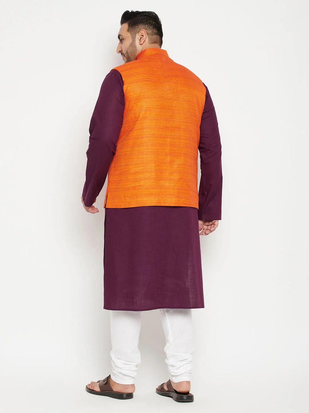 Jashvi Men's Plus Size Purple and Orange Cotton Blend Jacket Kurta Pyjama Set