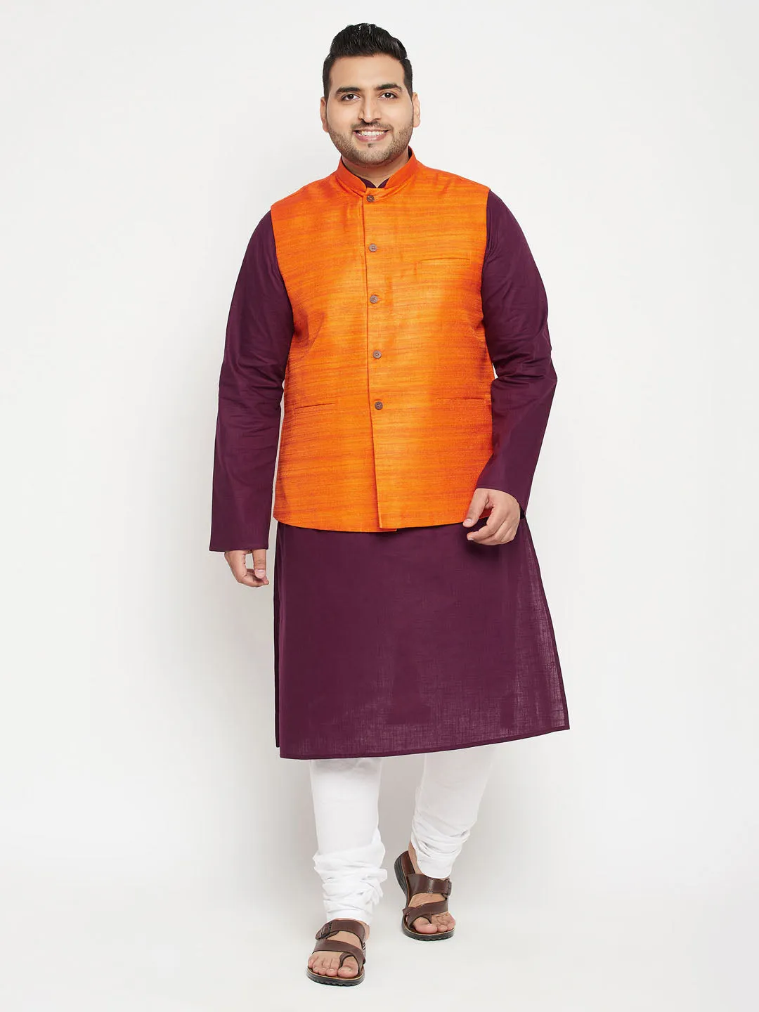 Jashvi Men's Plus Size Purple and Orange Cotton Blend Jacket Kurta Pyjama Set