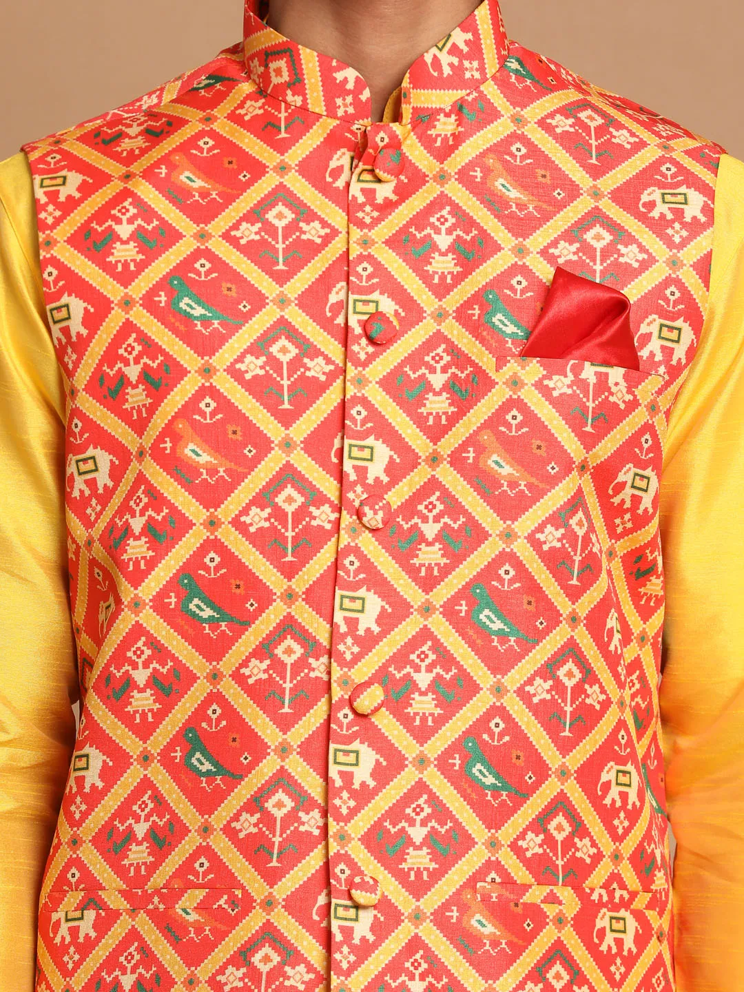 Jashvi Men's Red Patola Print Nehru Jacket