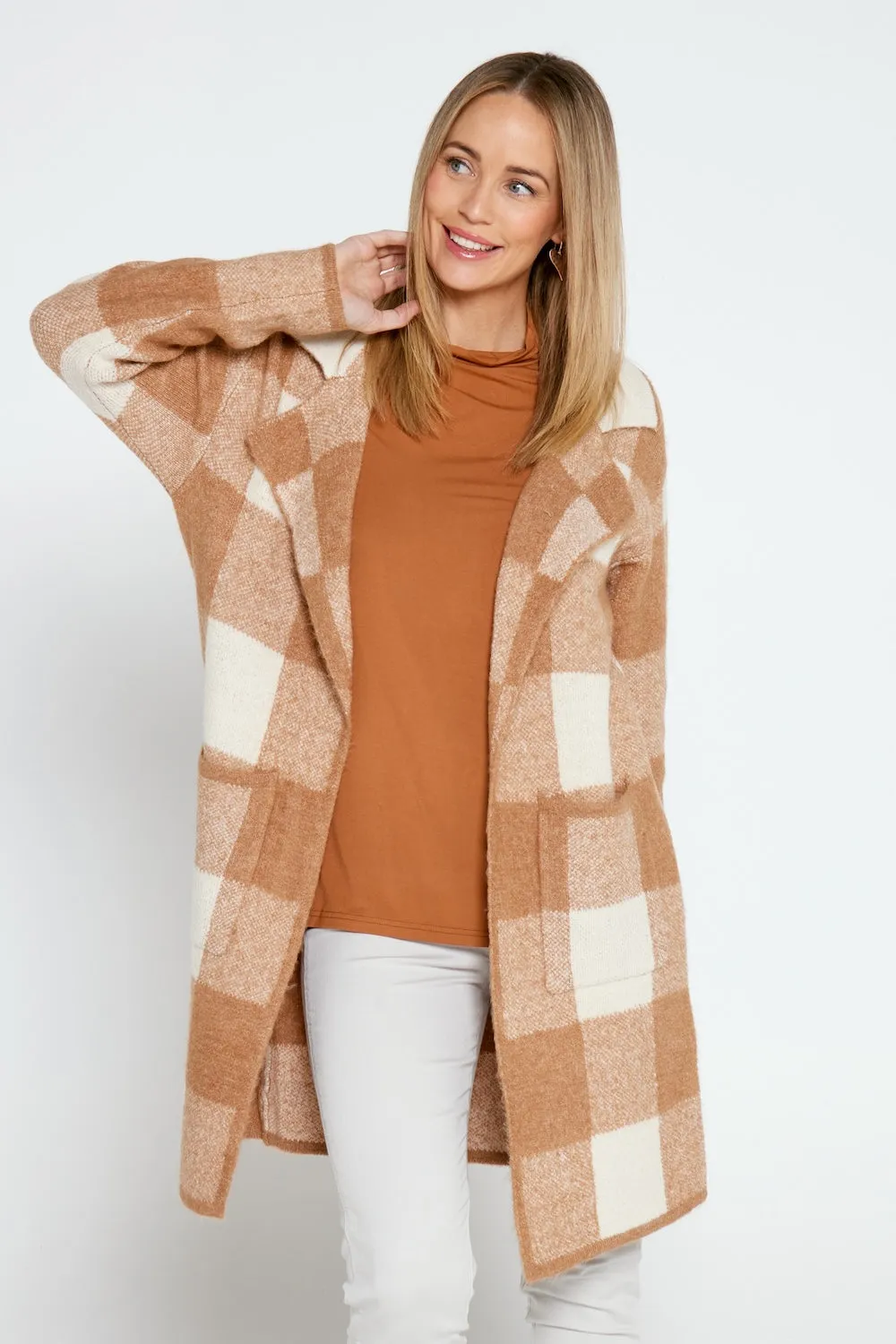 Jessa Wool Blend Knit Jacket - Brown/Cream Check