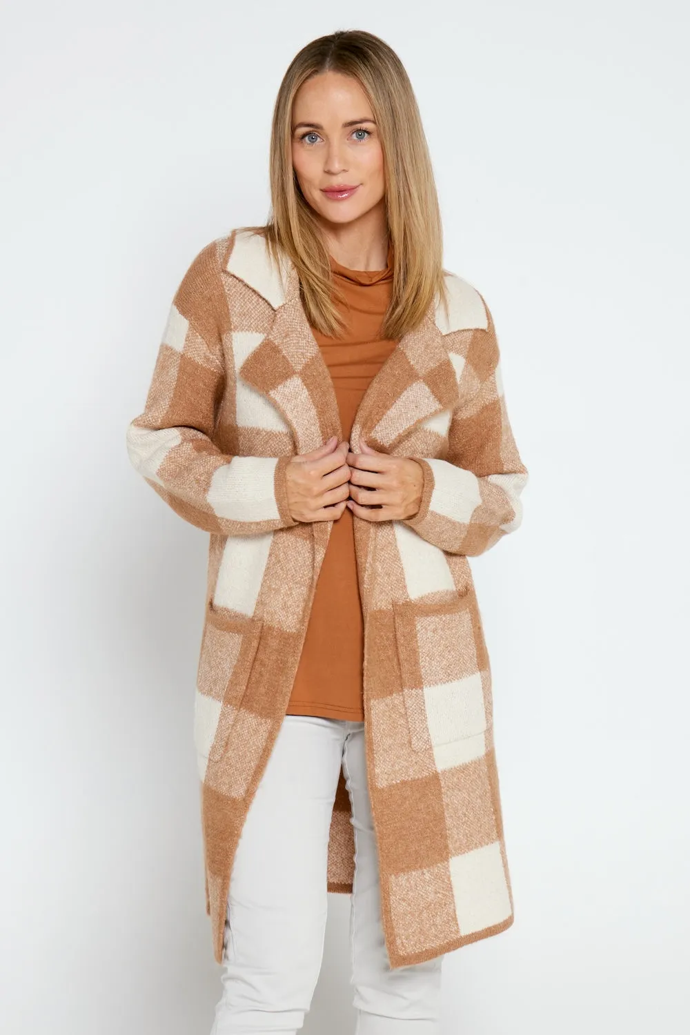 Jessa Wool Blend Knit Jacket - Brown/Cream Check