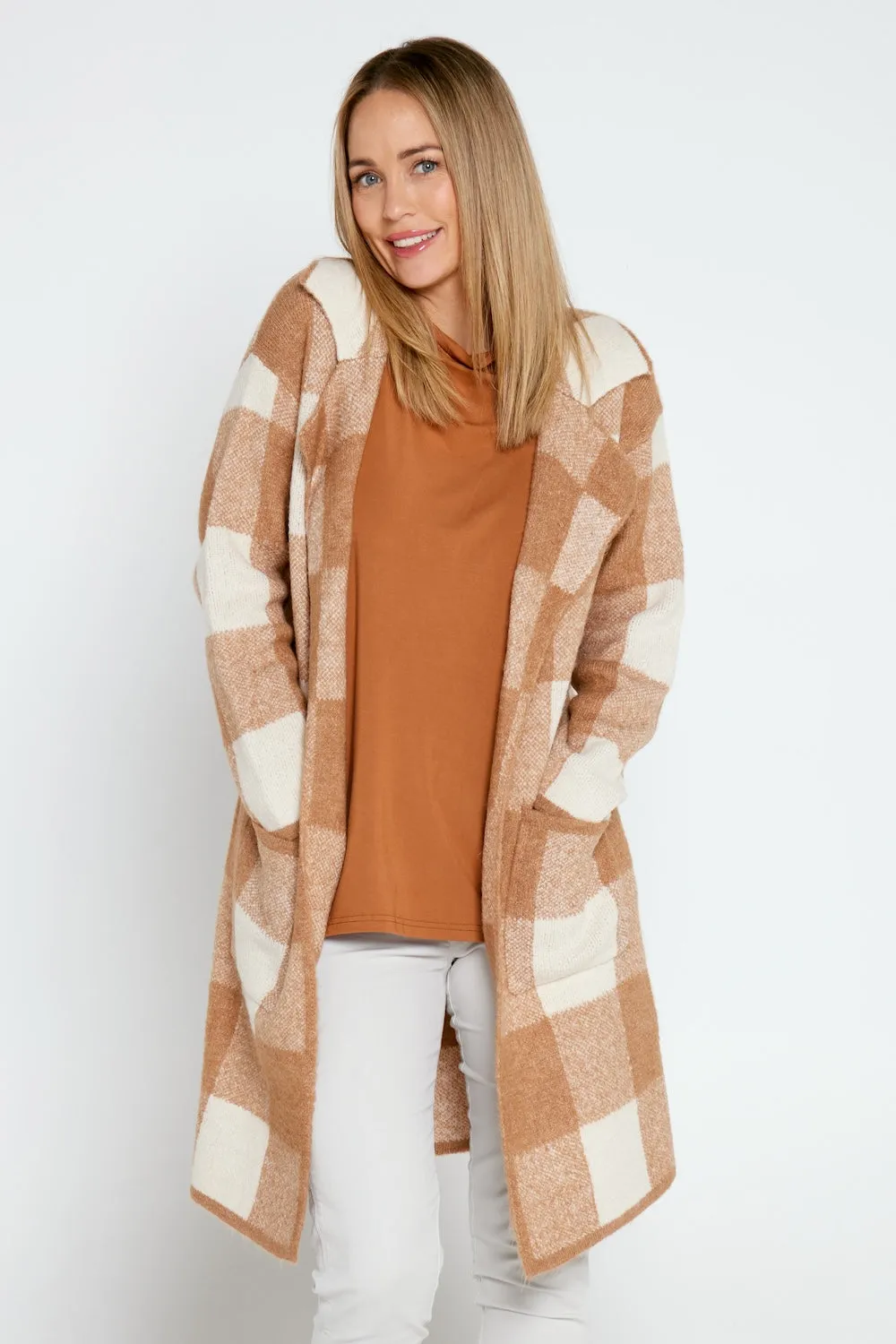 Jessa Wool Blend Knit Jacket - Brown/Cream Check