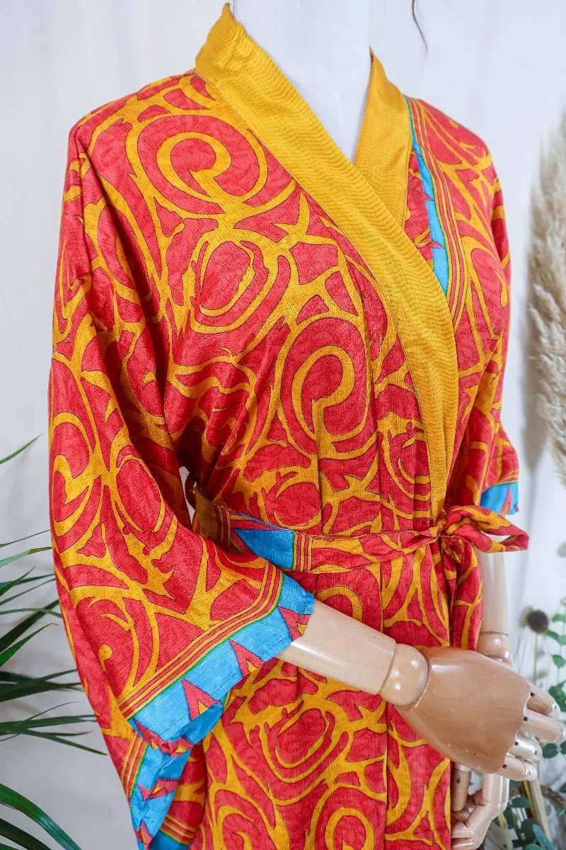 Juliet Kimono Dress - Mustard and Saffron Abstract Motif - Vintage Indian Sari - Free Size