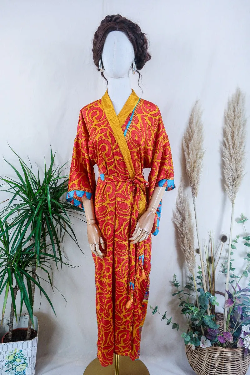 Juliet Kimono Dress - Mustard and Saffron Abstract Motif - Vintage Indian Sari - Free Size