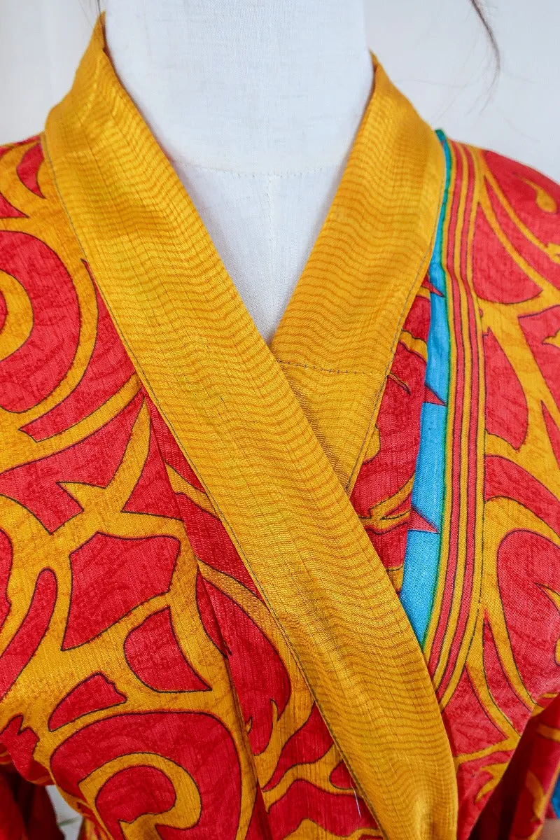 Juliet Kimono Dress - Mustard and Saffron Abstract Motif - Vintage Indian Sari - Free Size