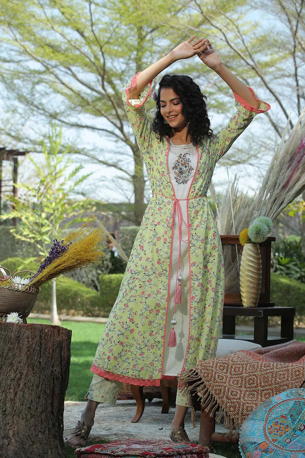 Juniper Lime Green Floral Printed Cotton Lacy Jacket Style Kurta With Thread Work & Dori At Waist