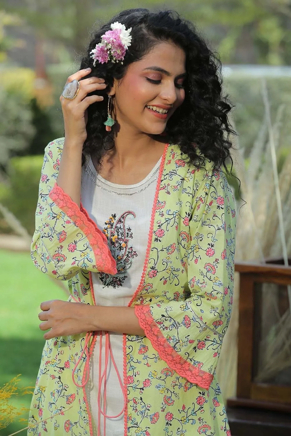 Juniper Lime Green Floral Printed Cotton Lacy Jacket Style Kurta With Thread Work & Dori At Waist