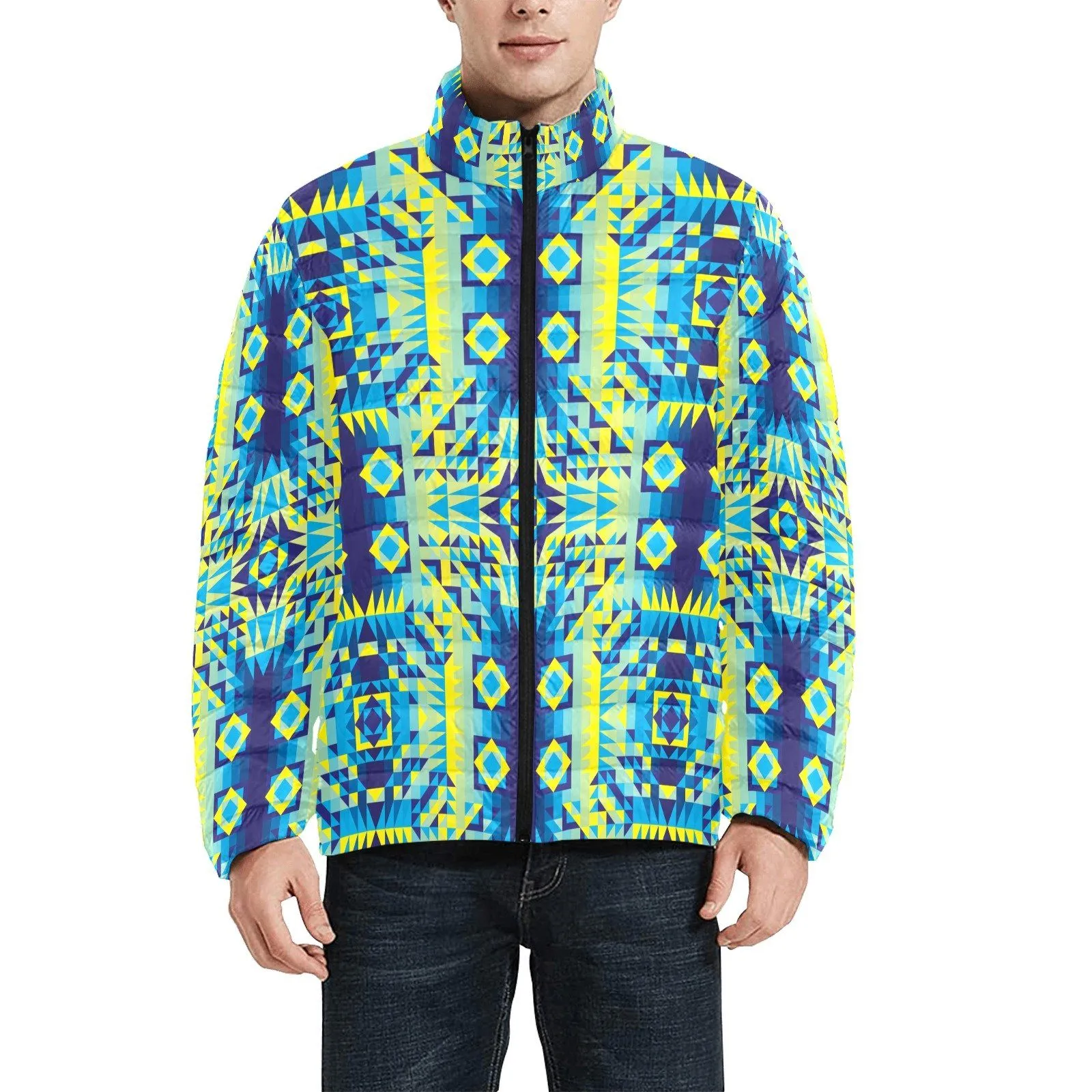 Kaleidoscope Jaune Bleu Men's Stand Collar Padded Jacket