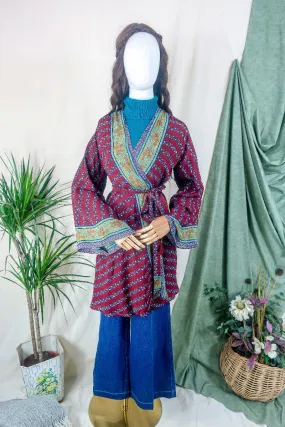 Karina Kimono Jacket - Vintage Sari - Burgundy & Dark Lime Paisley - Free Size S/M