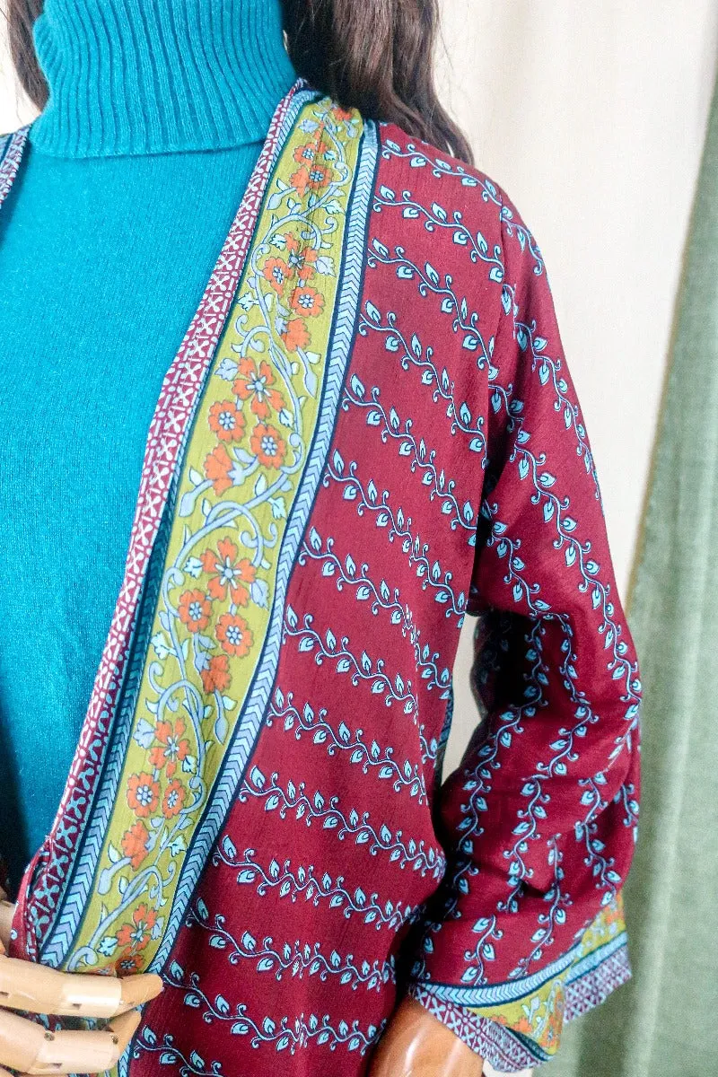 Karina Kimono Jacket - Vintage Sari - Burgundy & Dark Lime Paisley - Free Size S/M