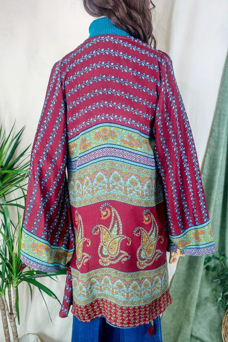 Karina Kimono Jacket - Vintage Sari - Burgundy & Dark Lime Paisley - Free Size S/M