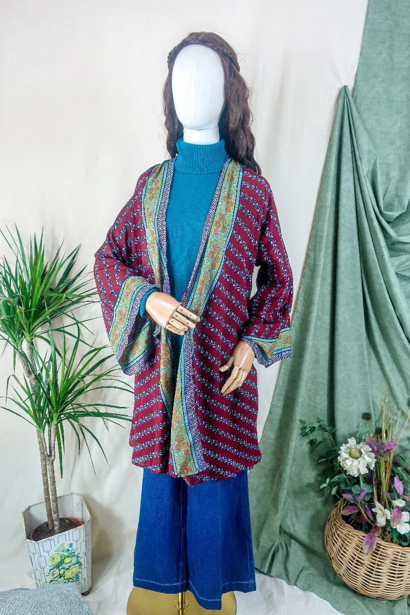 Karina Kimono Jacket - Vintage Sari - Burgundy & Dark Lime Paisley - Free Size S/M