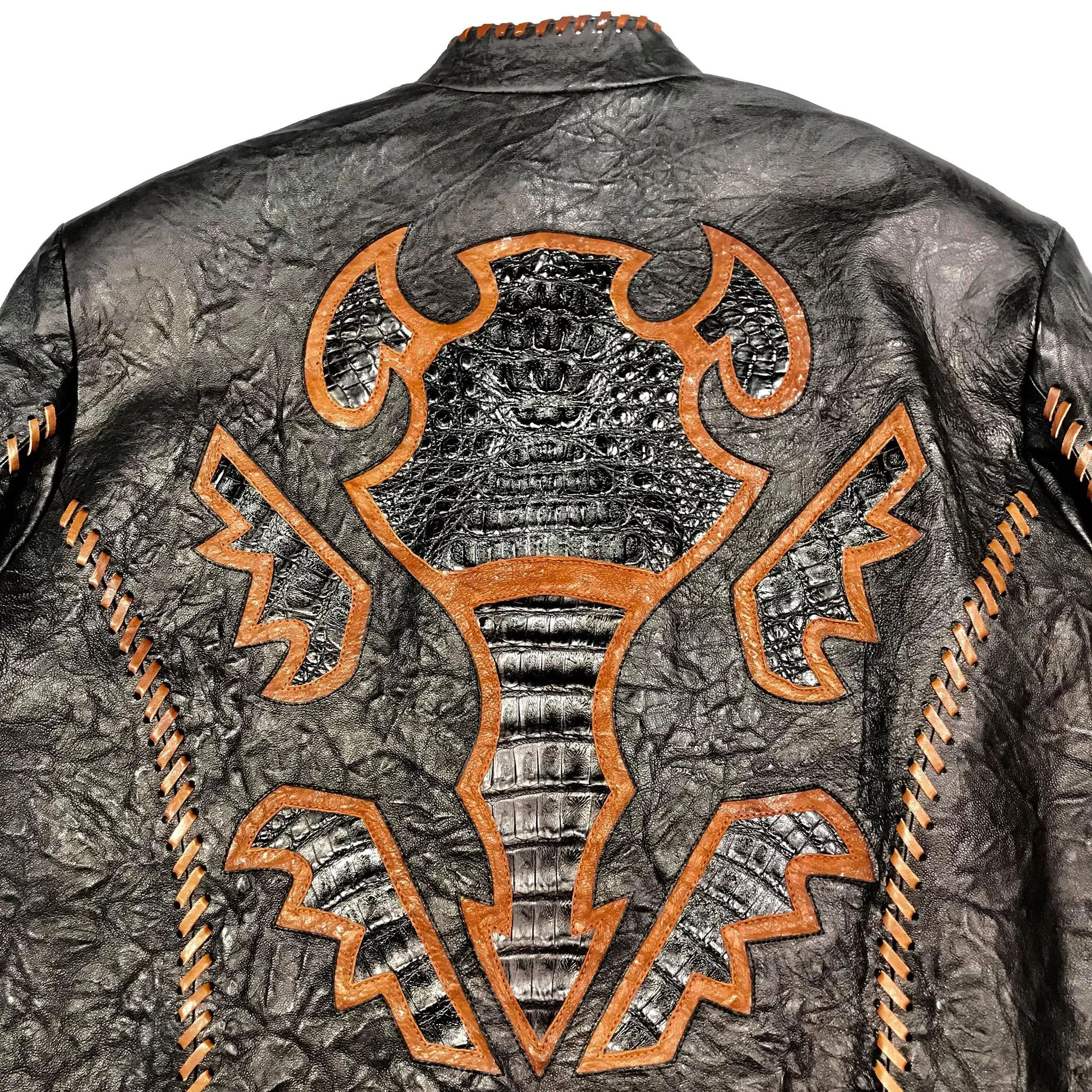 Kashani Black Laced Horn-Back Alligator Bomber Jacket