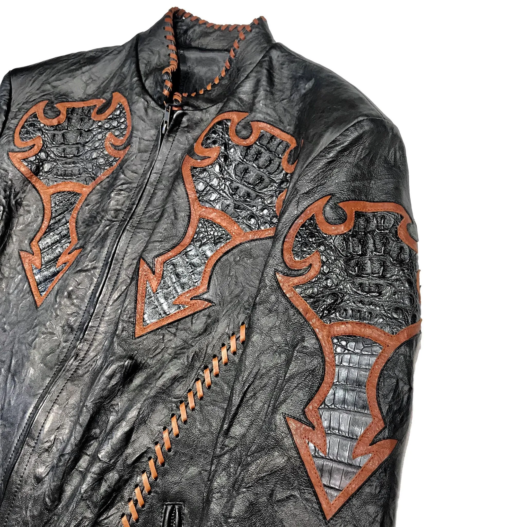 Kashani Black Laced Horn-Back Alligator Bomber Jacket