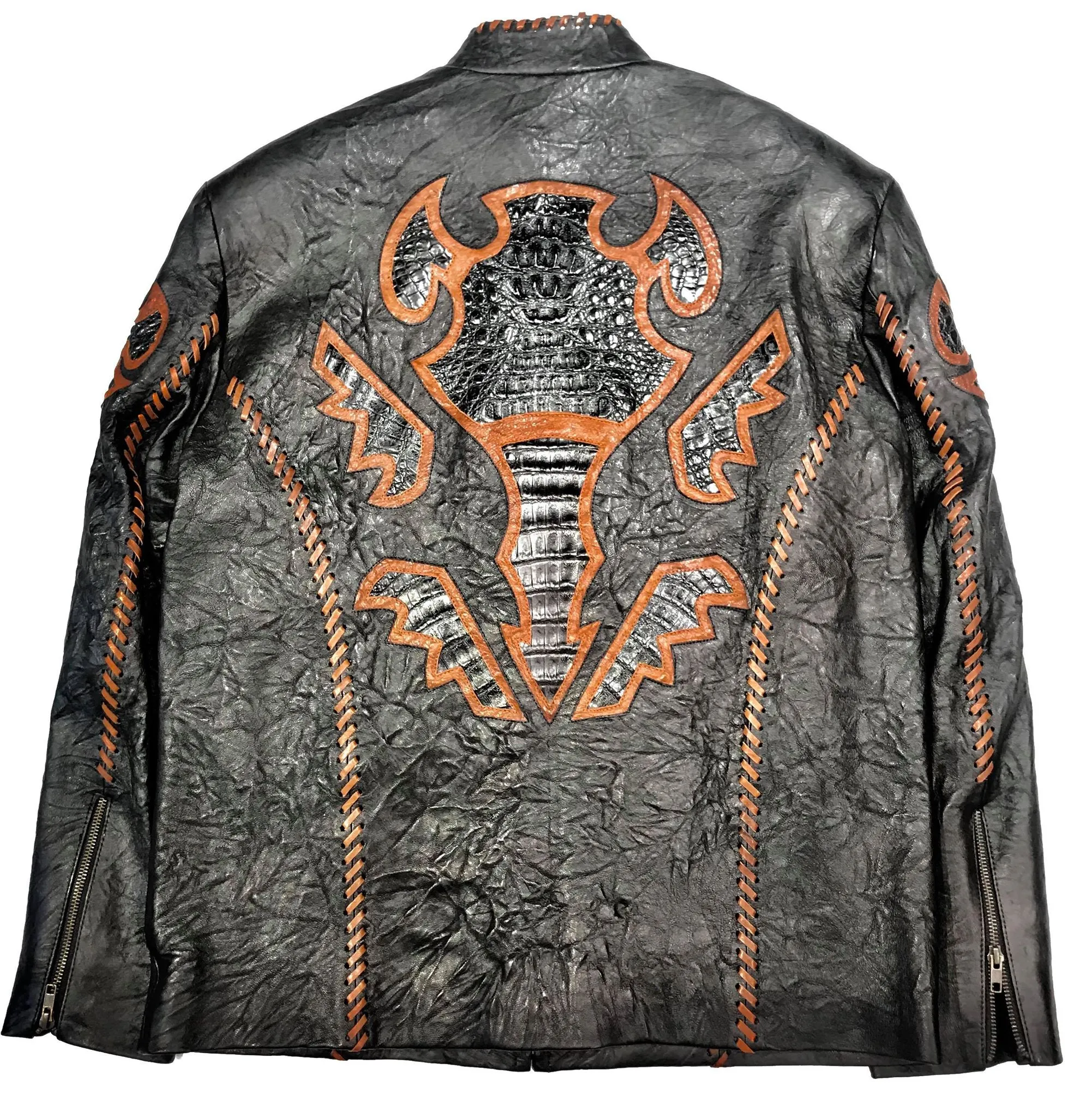 Kashani Black Laced Horn-Back Alligator Bomber Jacket