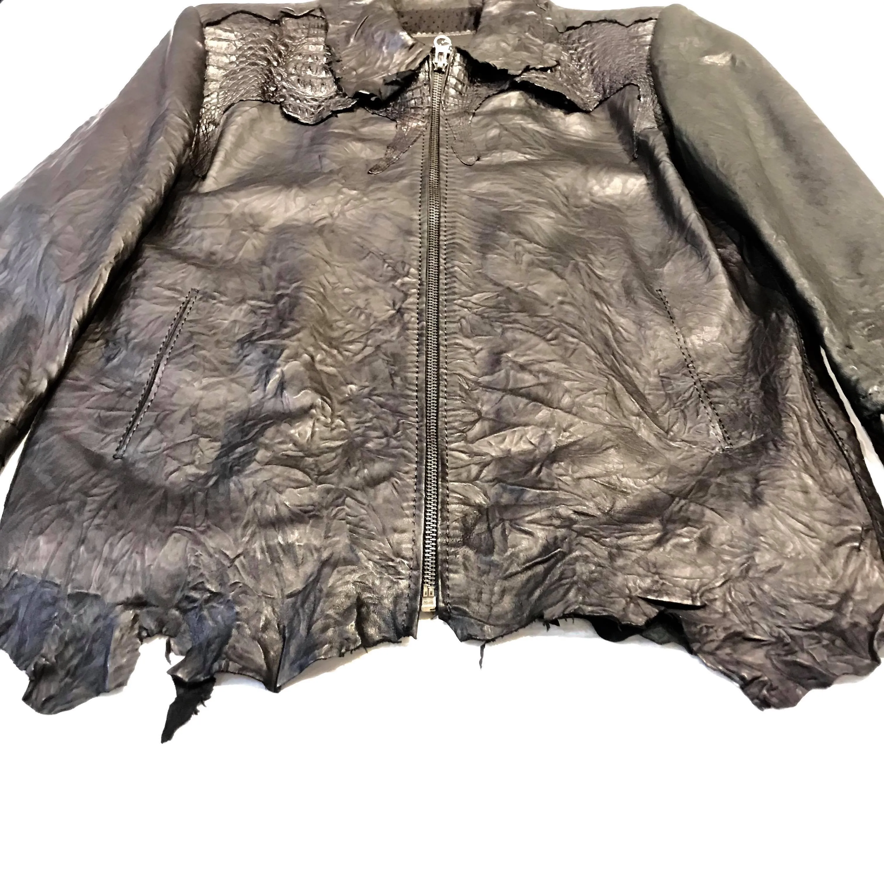 Kashani LUX Jet Black Raw Cut Alligator Lambskin Bomber Jacket