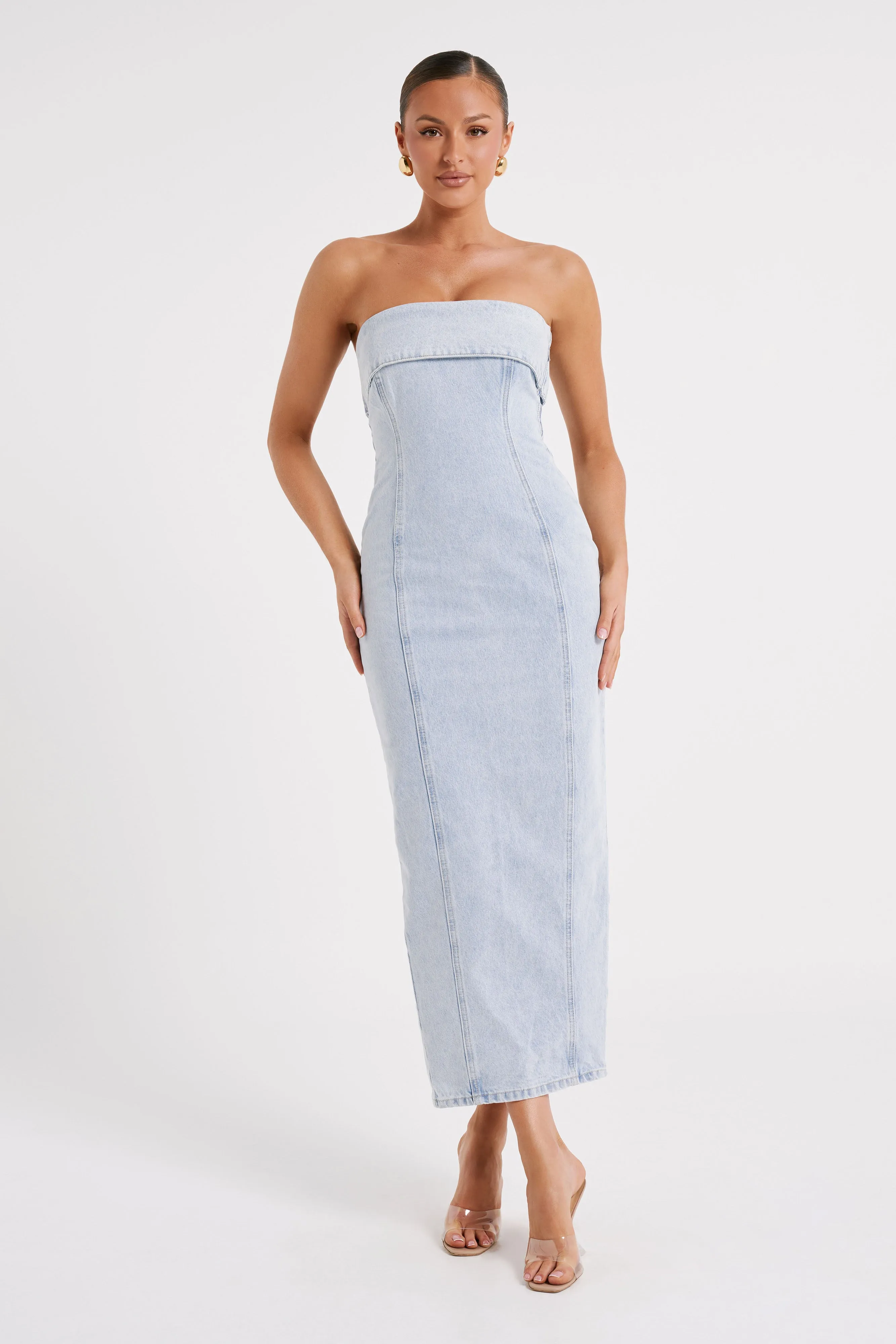 Katherine Strapless Denim Midi Dress - Light Blue