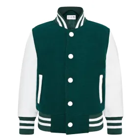 Kids Green White Varsity Bomber Jacket Wool Body Real Leather Sleeves