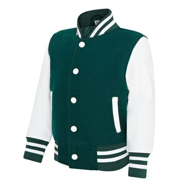 Kids Green White Varsity Bomber Jacket Wool Body Real Leather Sleeves