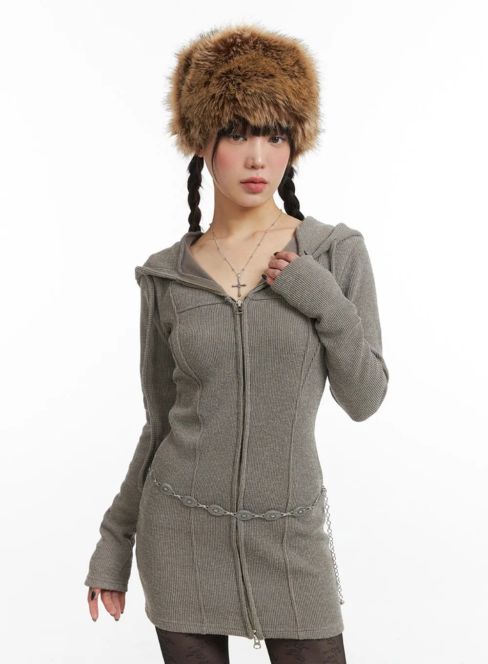 Knit Drawstring Hoodie Mini Dress IJ411