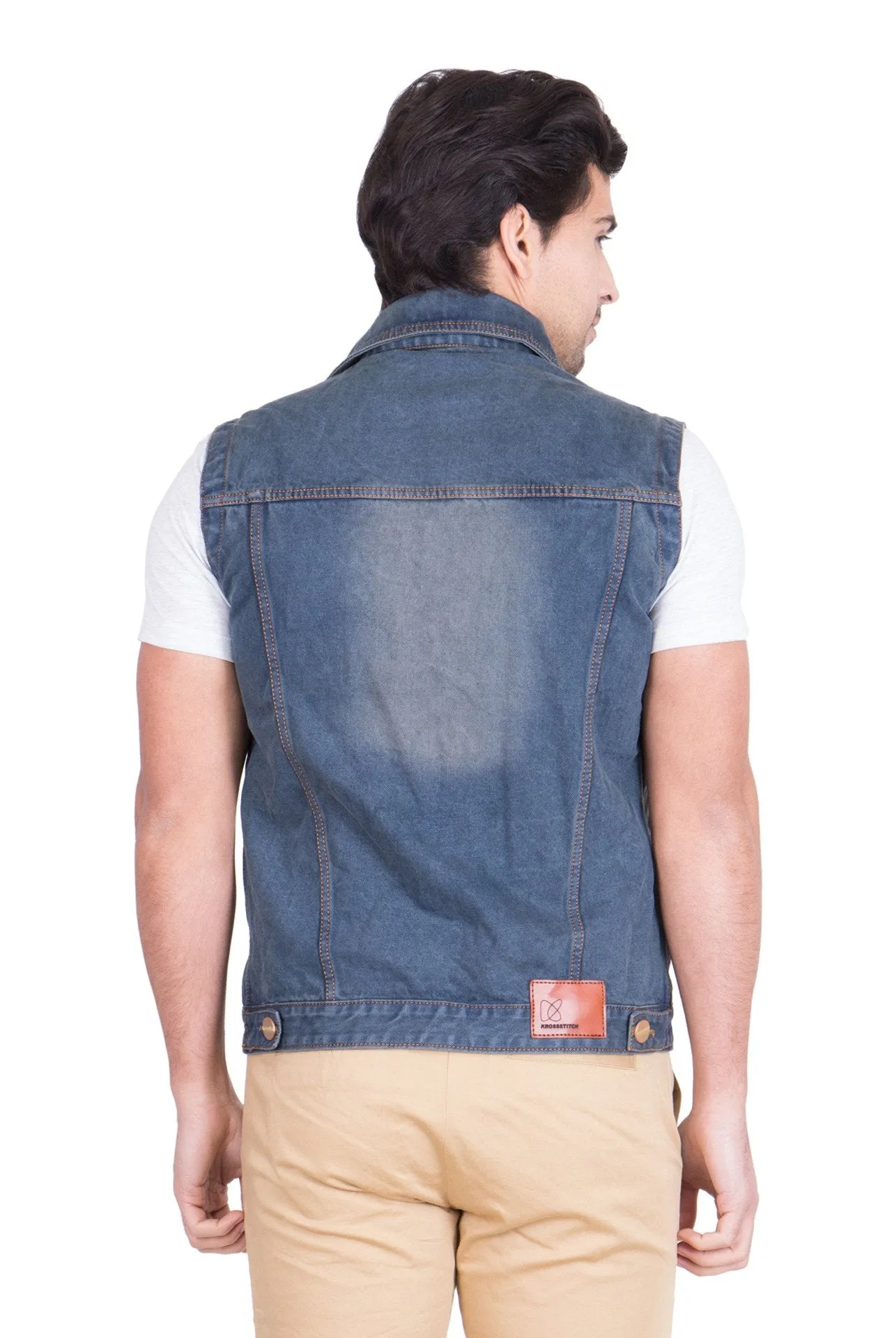 Krossstitch Sleeveless Light Grey Men's Denim Jacket with Brass Button