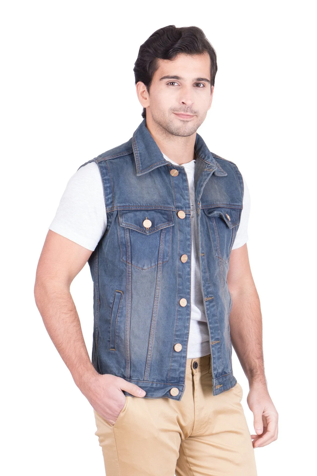 Krossstitch Sleeveless Light Grey Men's Denim Jacket with Brass Button