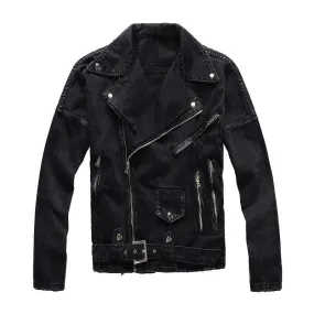 Laces Waist Multi Zipper Moto Biker Men Black Denim Jacket