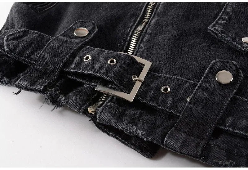 Laces Waist Multi Zipper Moto Biker Men Black Denim Jacket