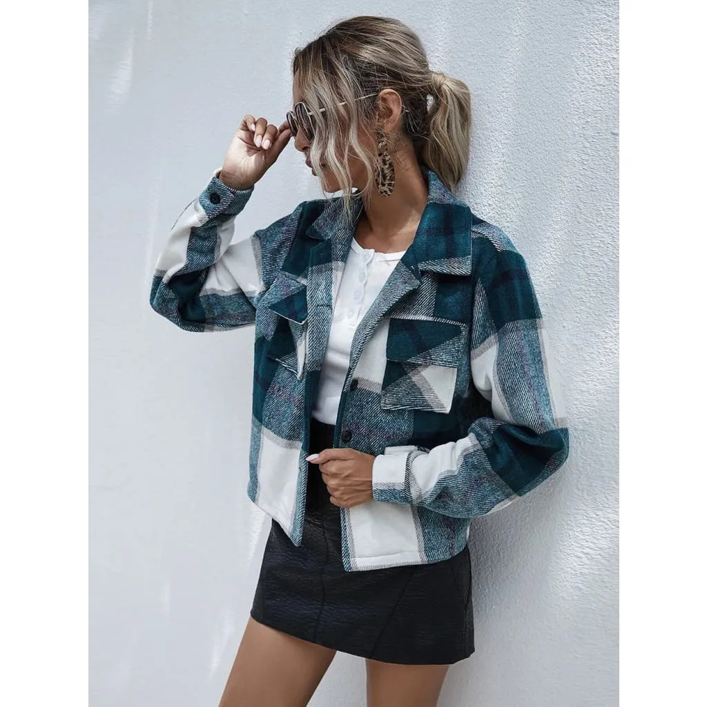 Lapel Collar Plaid Print Flap Pocket Wool-Mix Crop Jacket