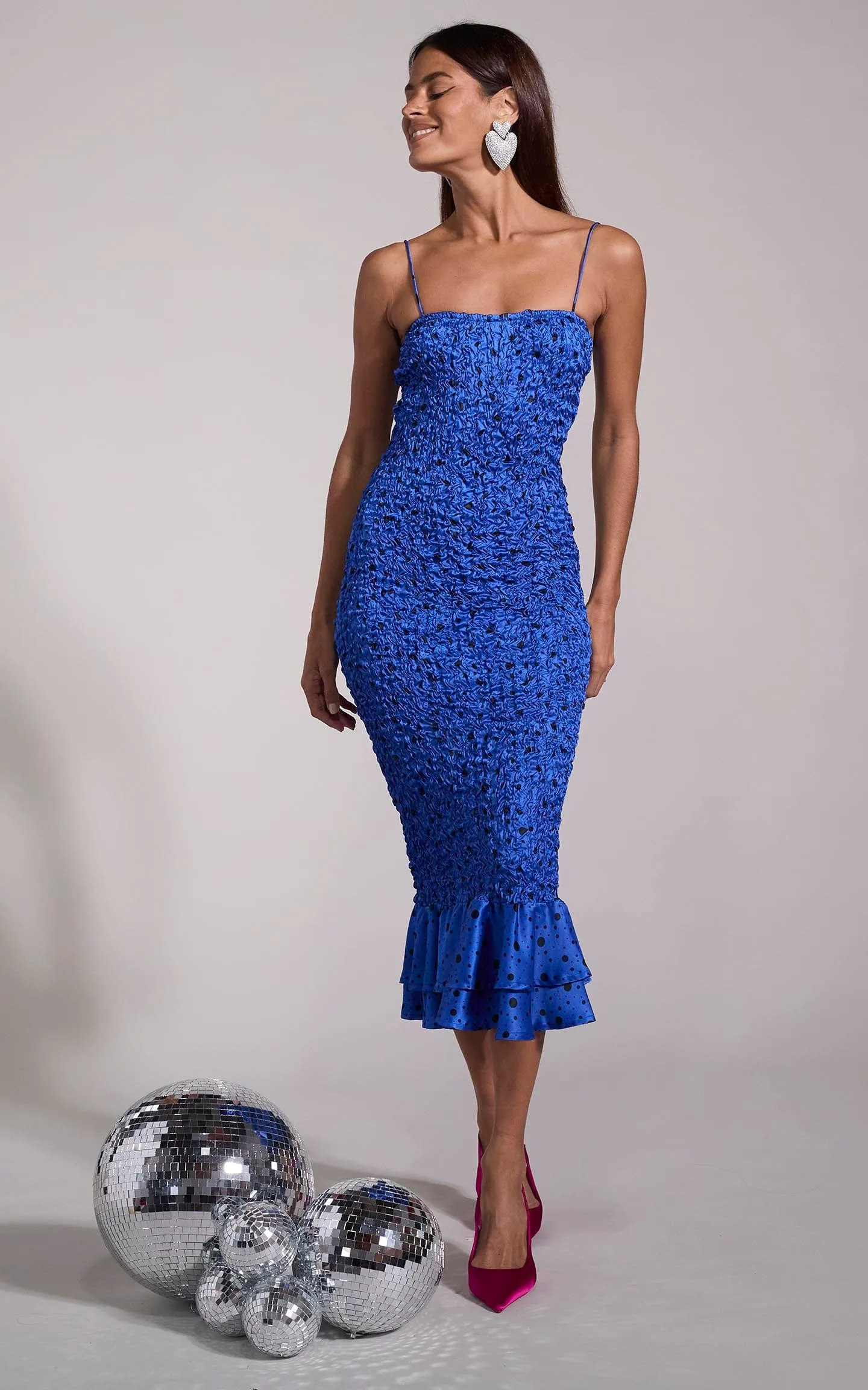 Luiza Shirring Dress in Royal Blue Speckle