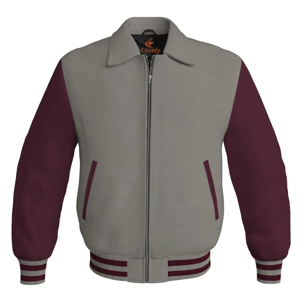 Luxury Bomber Classic Jacket Gray Body and Maroon Leather Sleeves