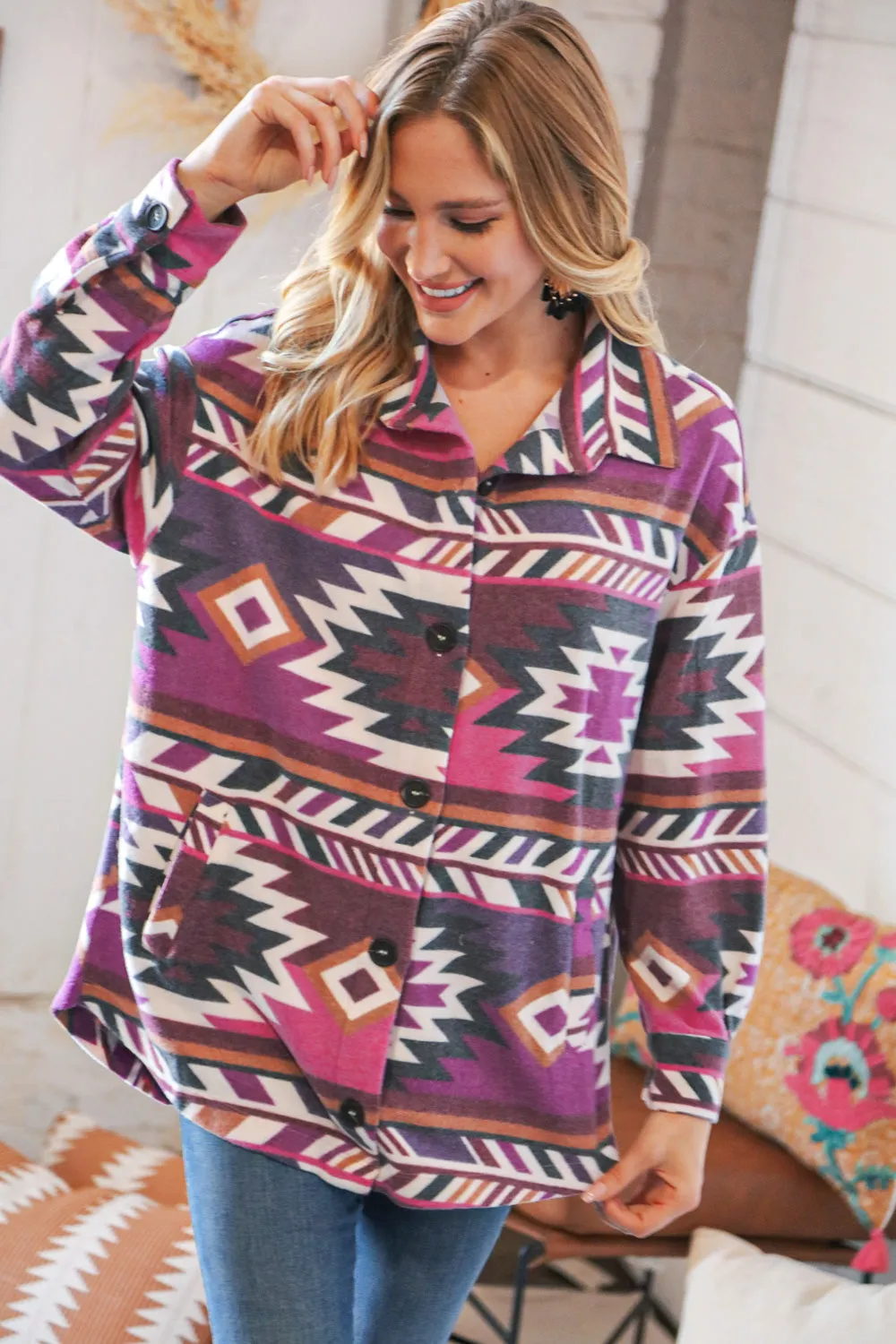 Magenta Brushed Aztec Oversized Pocketed Shacket