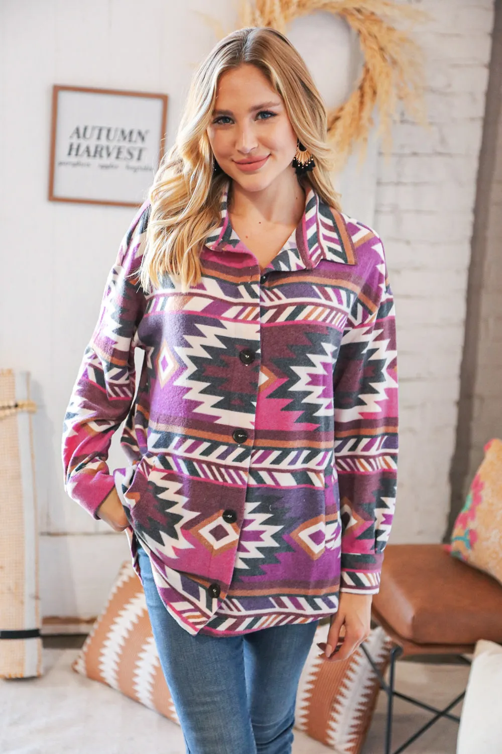 Magenta Brushed Aztec Oversized Pocketed Shacket