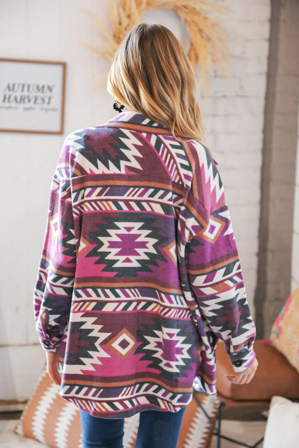 Magenta Brushed Aztec Oversized Pocketed Shacket