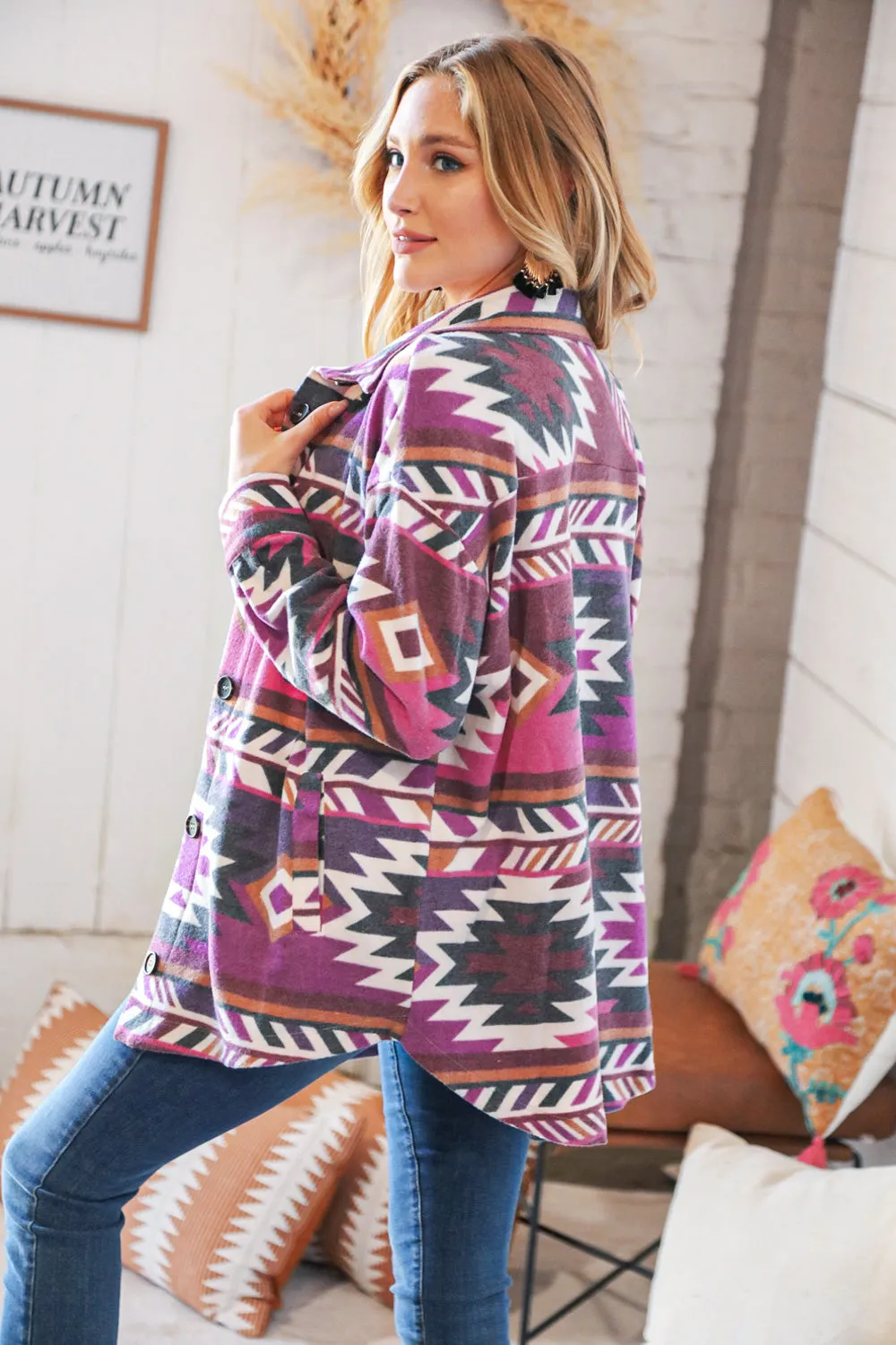 Magenta Brushed Aztec Oversized Pocketed Shacket