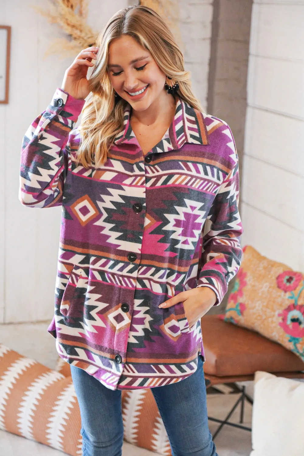 Magenta Brushed Aztec Oversized Pocketed Shacket